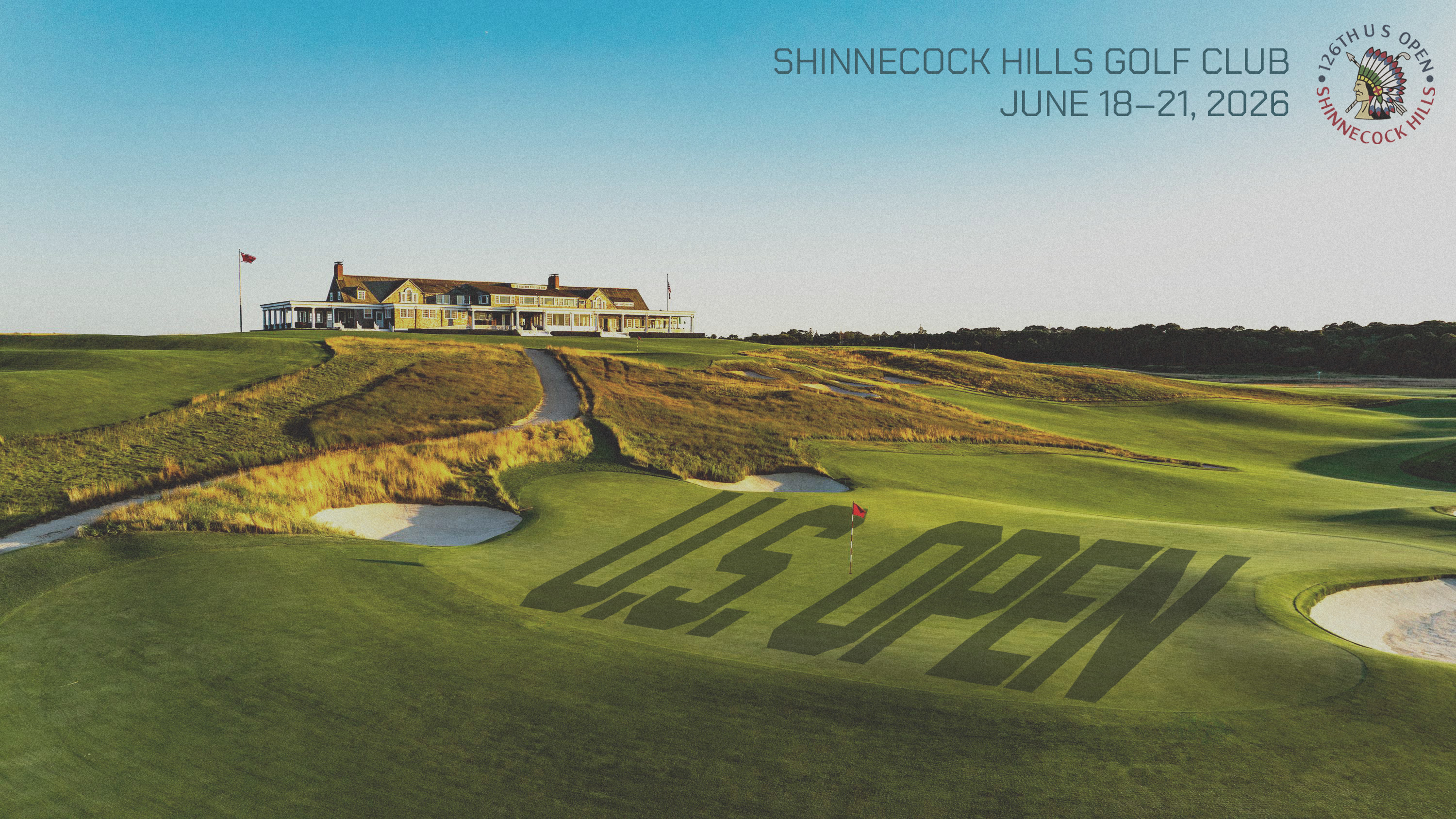 Aerial of Shinnecock Hills with U.S. OPEN shadow typography