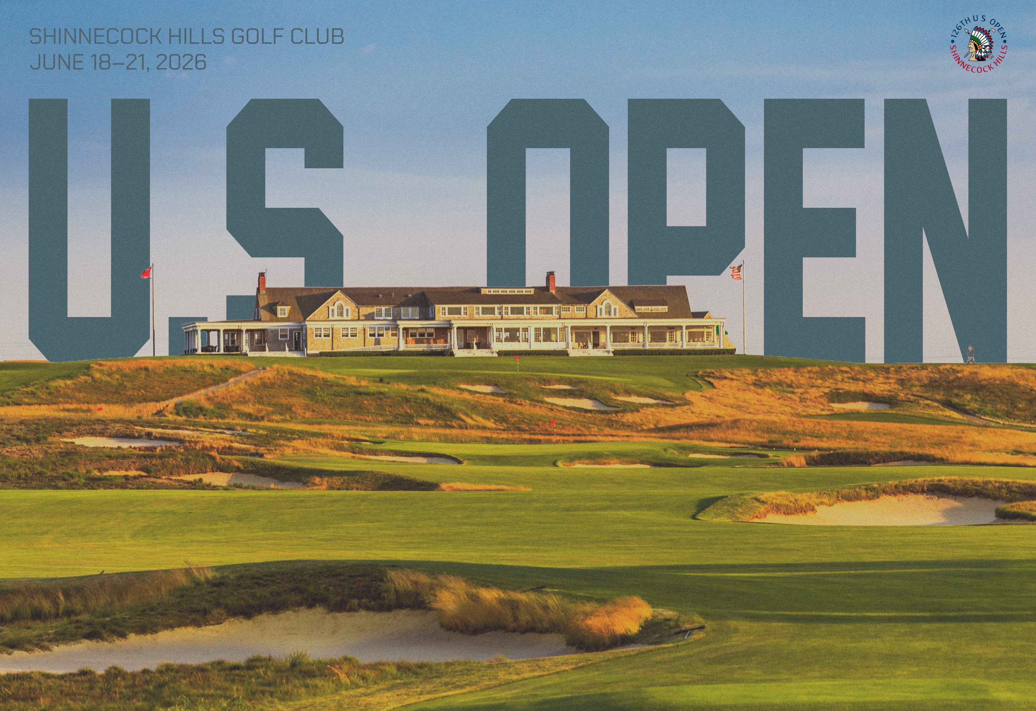 Shinnecock Hills clubhouse with U.S. OPEN lettering cut into the fairway